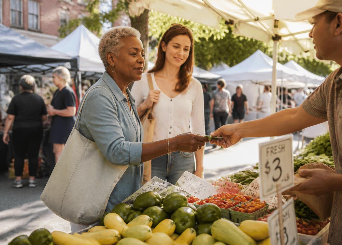 An older Black woman paying a vendor for produce at an outdoor farmers market while a companion stands nearby