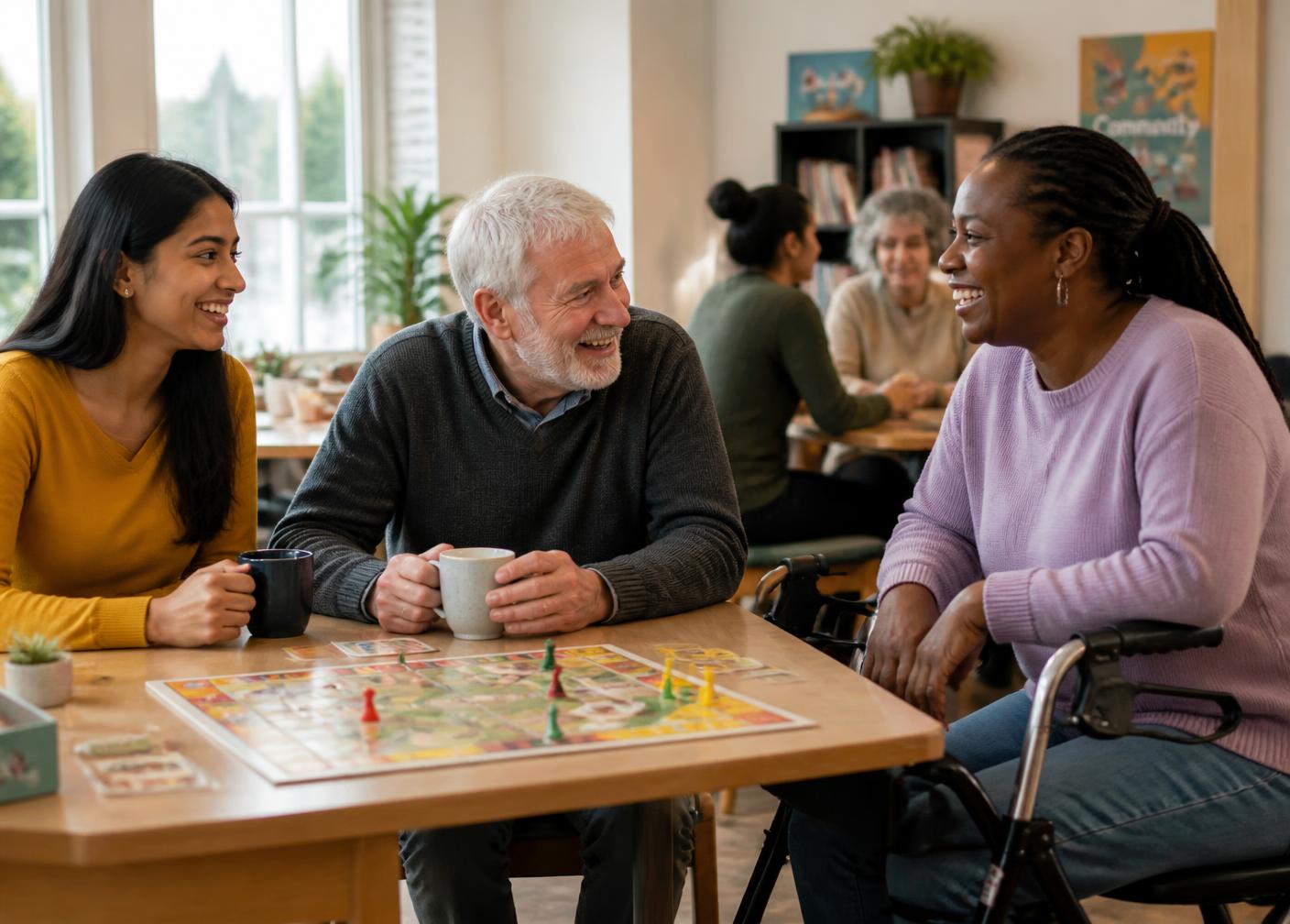 Adults of different ages and backgrounds, including a woman who uses a walker, enjoying a board game and coffee together at a community center