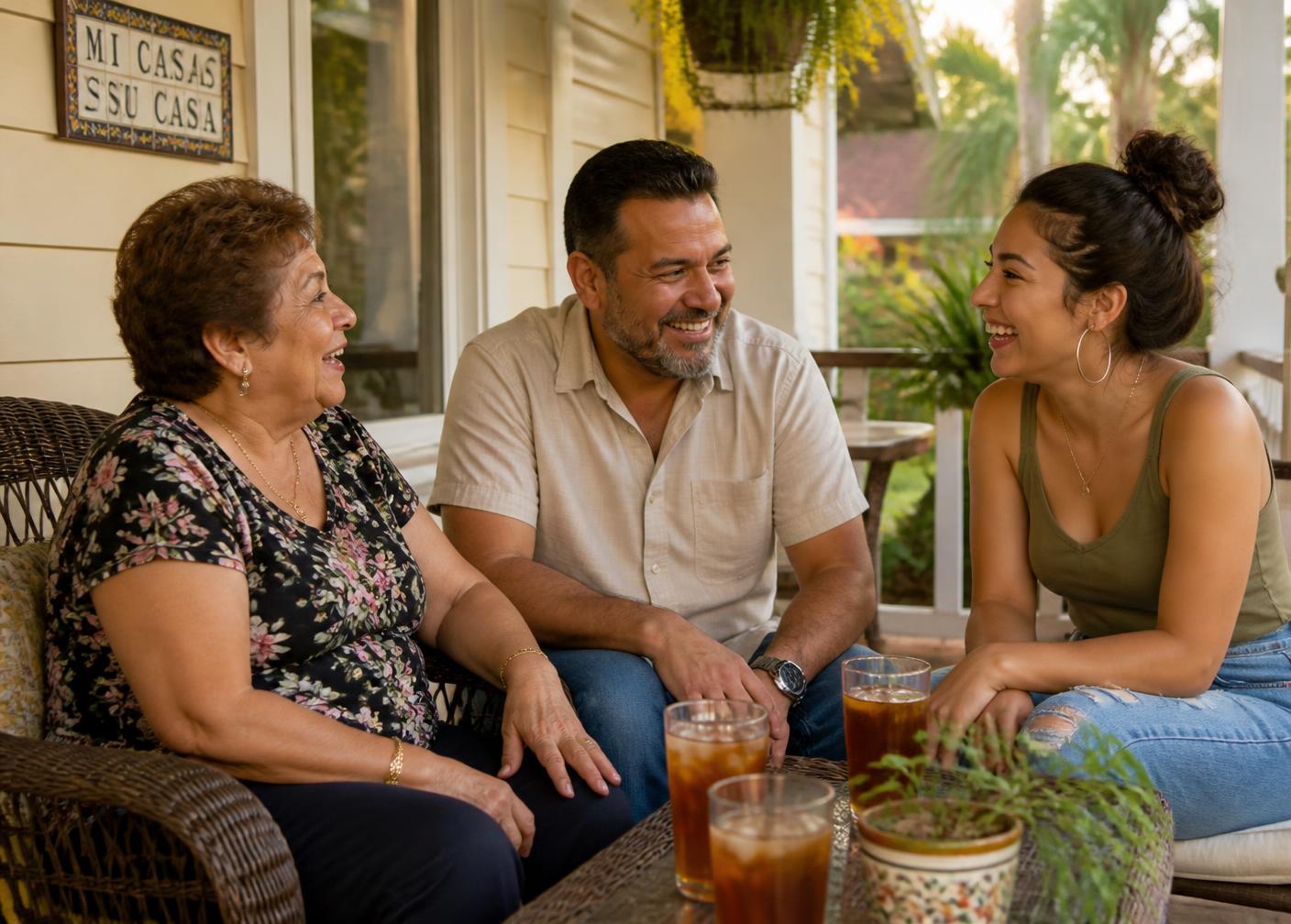 Three generations of a Hispanic family talking and laughing together on a front porch