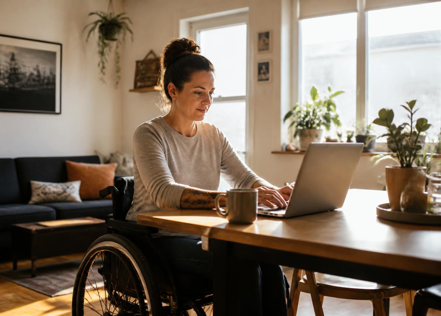 A woman who uses a wheelchair working at a laptop at her own dining table in a sunlit apartment