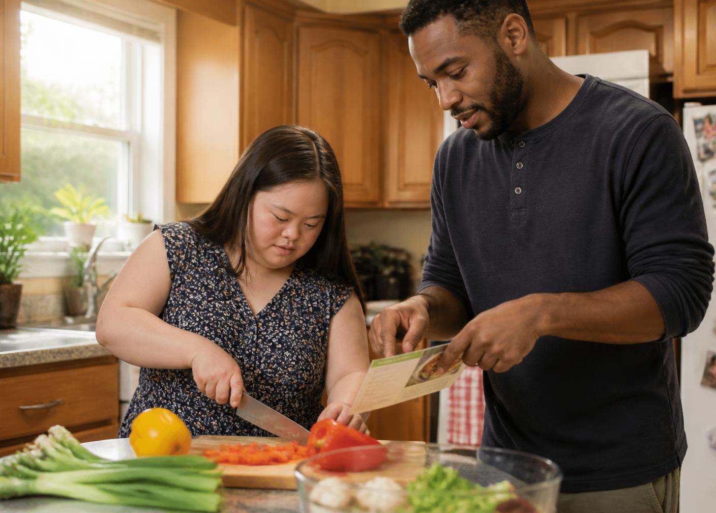 A young Asian American woman with Down syndrome preparing a meal in her kitchen while a support professional reviews the recipe alongside her