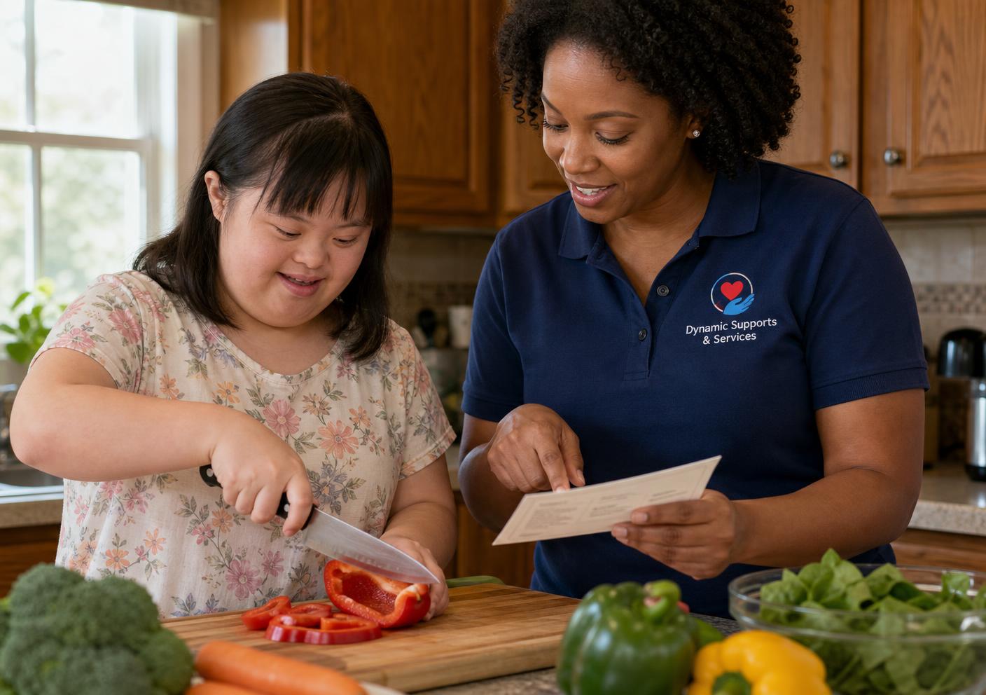 A young Asian American woman with Down syndrome slicing vegetables in her kitchen while a female DSS support professional in a branded navy polo reviews the recipe alongside her